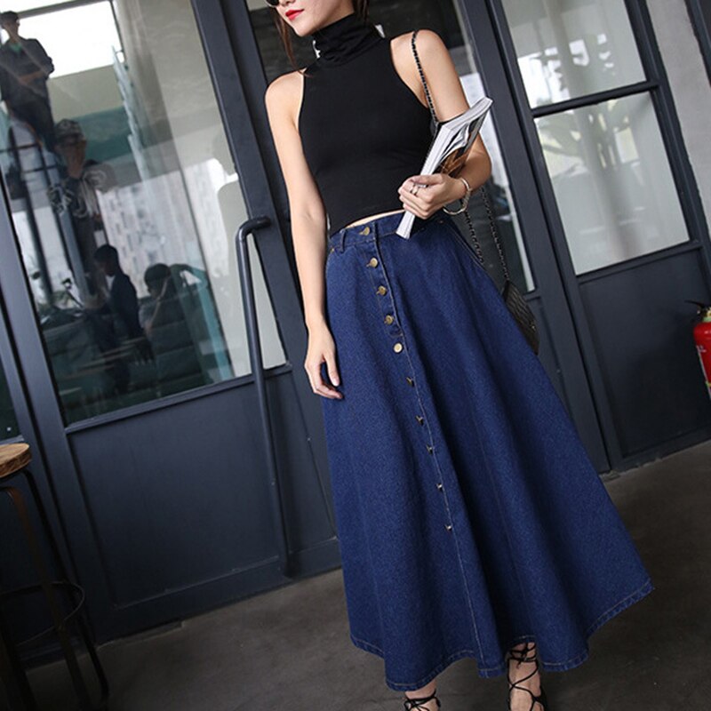 Jeansrok hoge taille dames knoopjes geplooide denim rokken lang casual