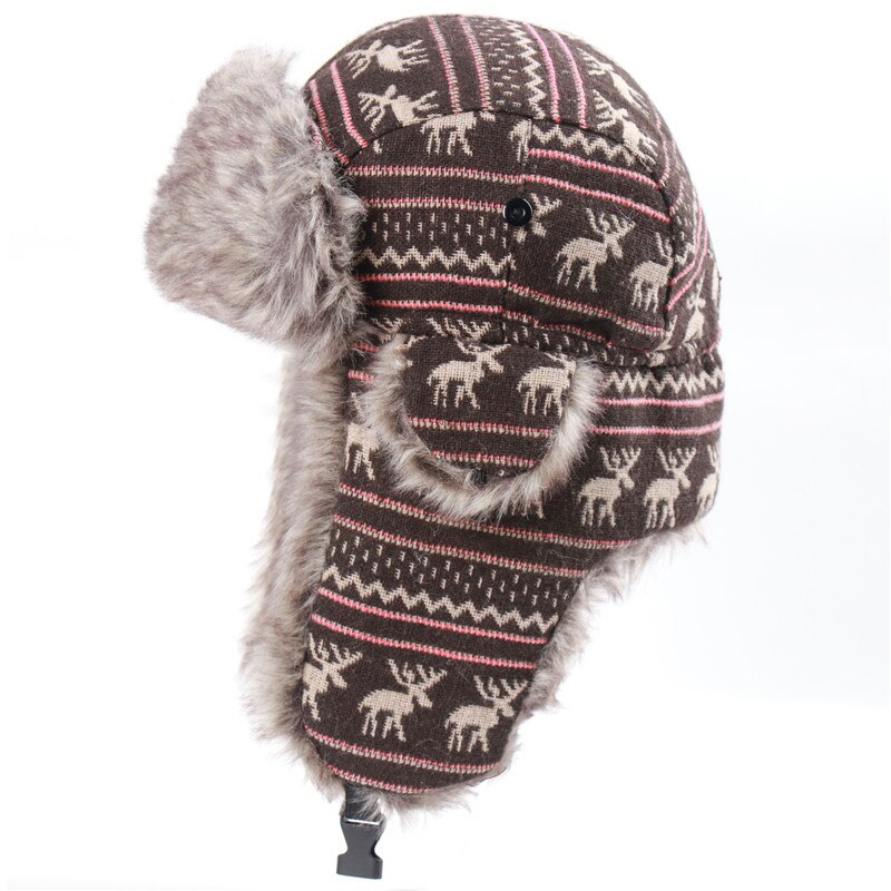 Gorra de esquí a prueba de viento para hombre y mujer, casco de vuelo con orejeras gruesas, ciervo de Navidad, más gorro cálido de terciopelo con gafas, Invierno: coffee