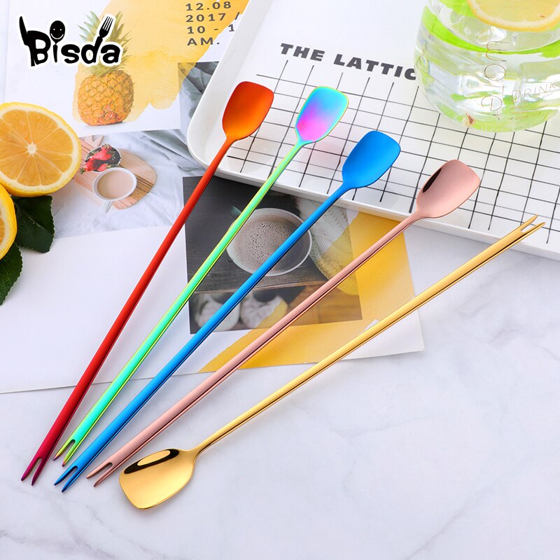 Cuillère à glace en acier inoxydable, cuillère à mélanger, Long ustensile à Cocktail fourchettes à fruits remuer outil à vin 1 pièce