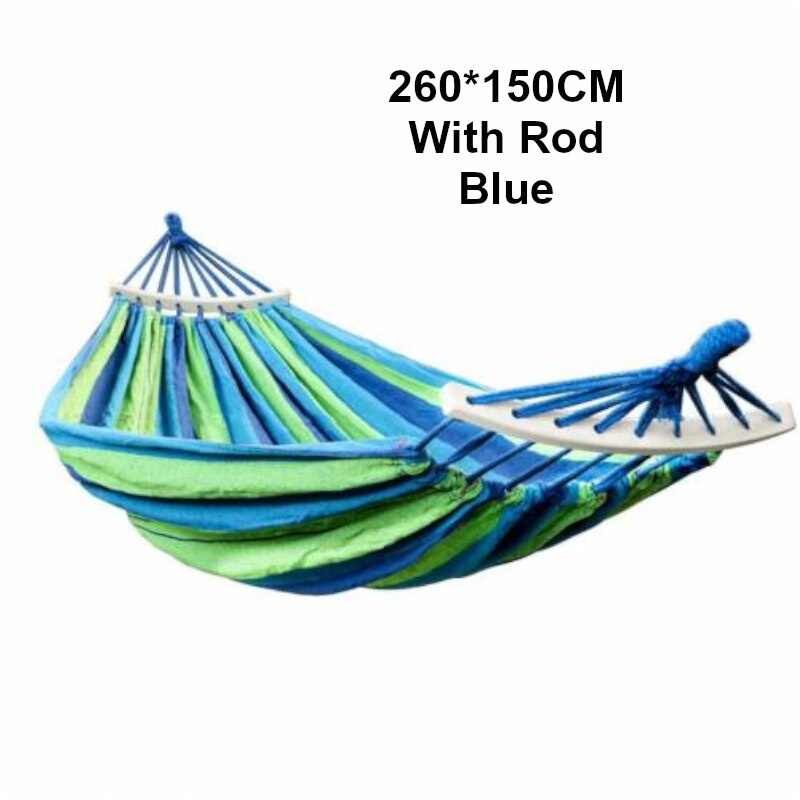 Hamaca para 2 personas al aire libre, hamaca portátil para jardín, lona a rayas, cama colgante, cama para acampar, columpio colgante, equipo para dormir al aire libre: Blue with rod