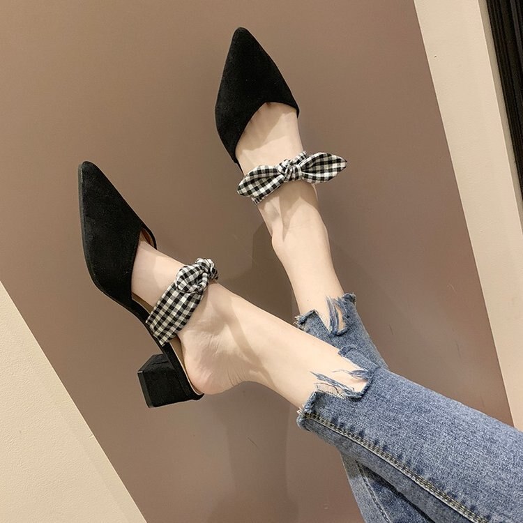 Kvinnor tip chunky-heel skor koreanska högklackat tå sandaler dam söt rosett tjock klack tofflor sommar aprikos skor: Svart / 5.5