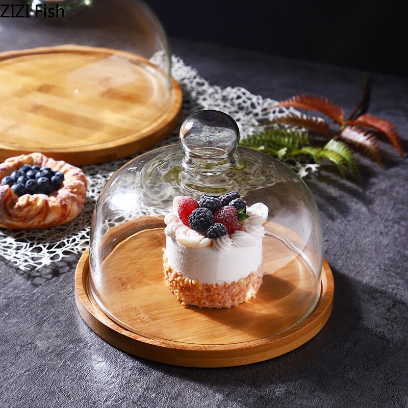 Modern trä tårta arrangemang tallrik med lock glas täcka konst hem desserter frukt mat display bricka matbord heminredning