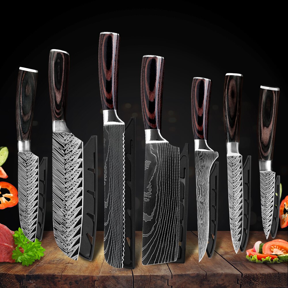 Køkkenkok sæt kniv rustfrit stål knivholder santoku værktøj skåret kløver brødskæreknive dæksel skede sag kantbeskytter
