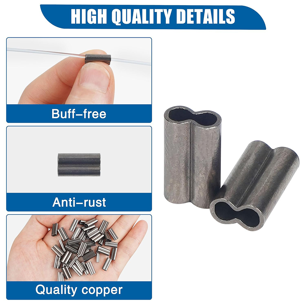 PRO BEROS 50Pcs Copper Double Barrel Crimp Sleeves Fishing Line Tube Connectors Crimping Loop for Leader Rigging Ferrule 0.8-2.0