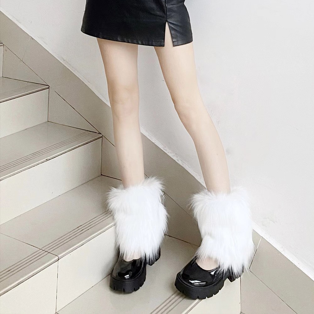Calentadores de piernas peludos rosas Y2K Punk gótico calentadores de piernas de piel sintética cubiertas de botas señora lindo Jk hasta la rodilla Hipster calcetín cálido calcetines de: Negro