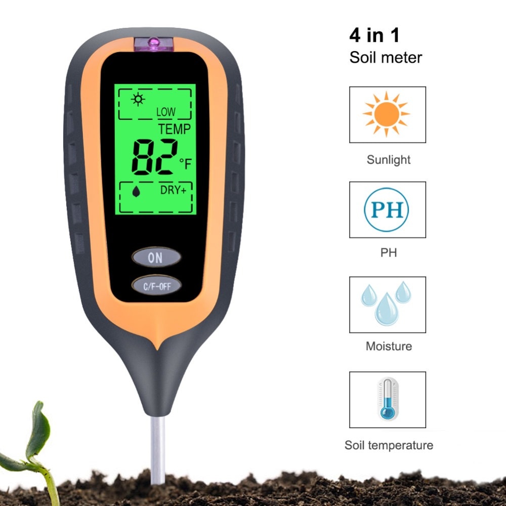Bodemkartering Instrument Grote LED 4 in 1 Plant Bodem PH Vocht Licht Soil Meter Thermometer PH Waarde Zonlicht tester