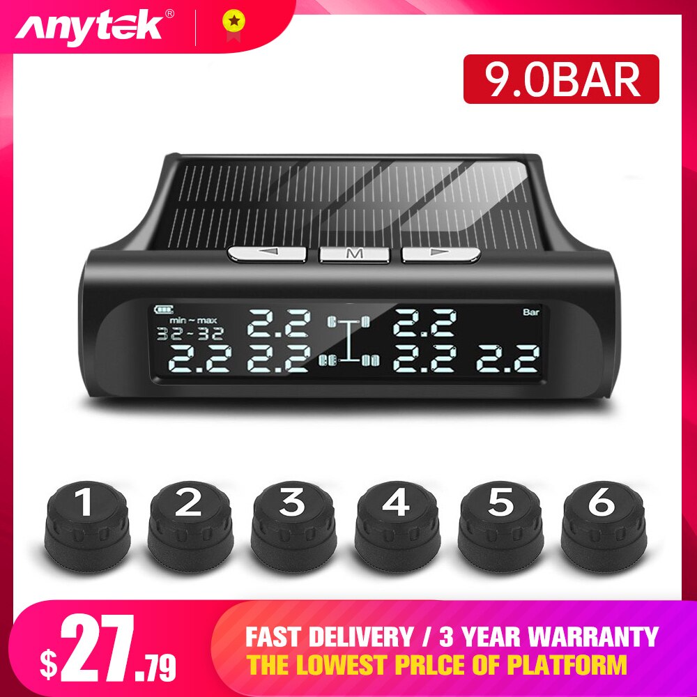 Tpms lastbil 6 dæk 6 stk ekstern sensor høj temperatur alarm dæktryk overvågningssystem dækmåler digital eksplosionssikker