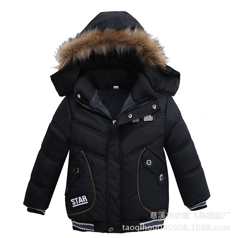 Thick Keeping Warm Winter Boys Jacket Fur collar Letter Hooded Windbreaker Outerwear For Kids Children Heavy Coats: JK143-Black / 3T