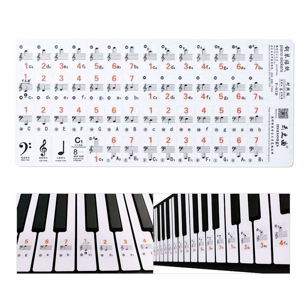Genomskinlig 37 49 61 elektronisk klaviatur 88 tangenter piano stavnot klistermärke notationsversion & noter för vita tangenter