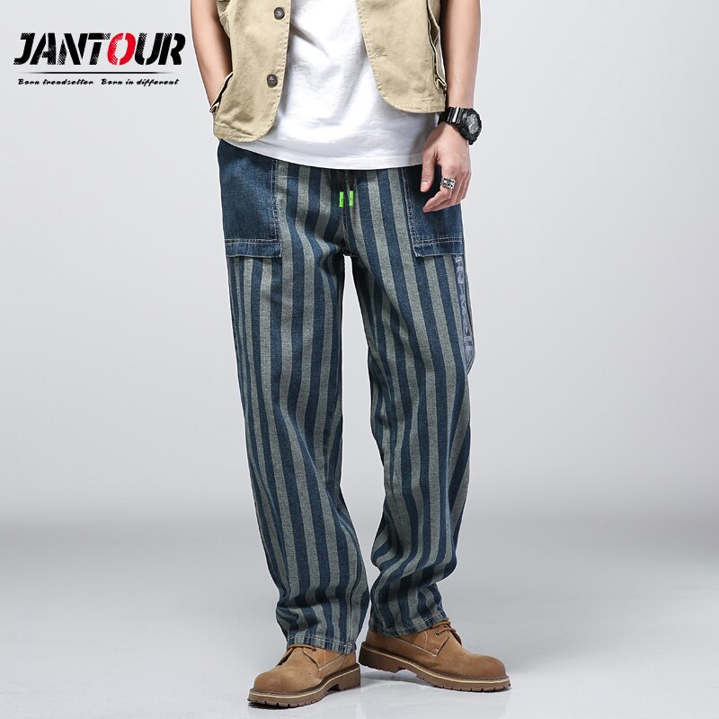 Pantalones vaqueros de rayas verticales para hombre, ropa de a la , con bolsillos grandes, holgados, elásticos, rectos, 2022: XXL
