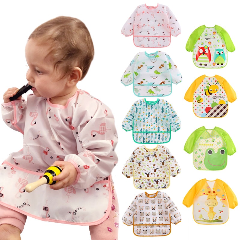 Cute Baby Bib Children Baby Kids Toddler Waterproof Long Sleeve Art Smock Feeding Bib Apron Fit 0-6 Years Unisex Baby Stuff