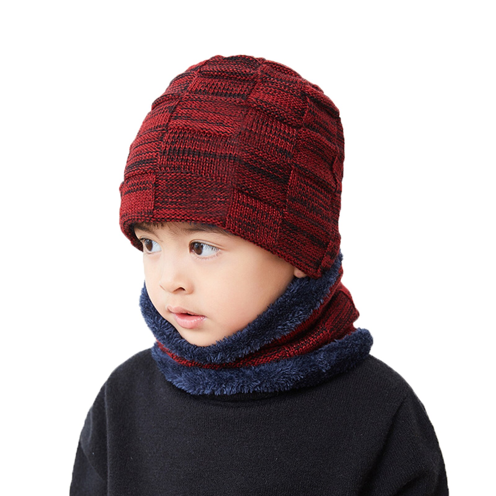 Winter Beanie Hat Scarf Set Thick Fleece Lined Warm Knit Ski Hats for Men Boy &T8: Wine Red Children