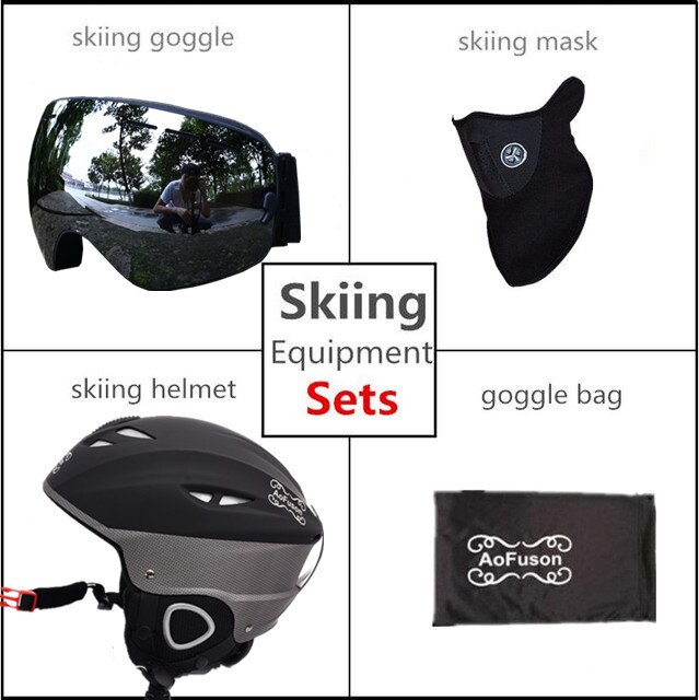 Skihelm bril dubbele lagen anti-condens groot zicht snowboard bril dames heren winter warme sporthelm ski-uitrusting set: Zilveren lens