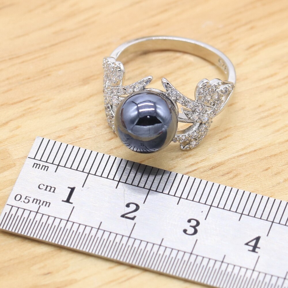 Zwarte Parel Zilveren Kleur Sieraden Sets Voor Vrouwen Oorbellen Ketting Hanger Ring