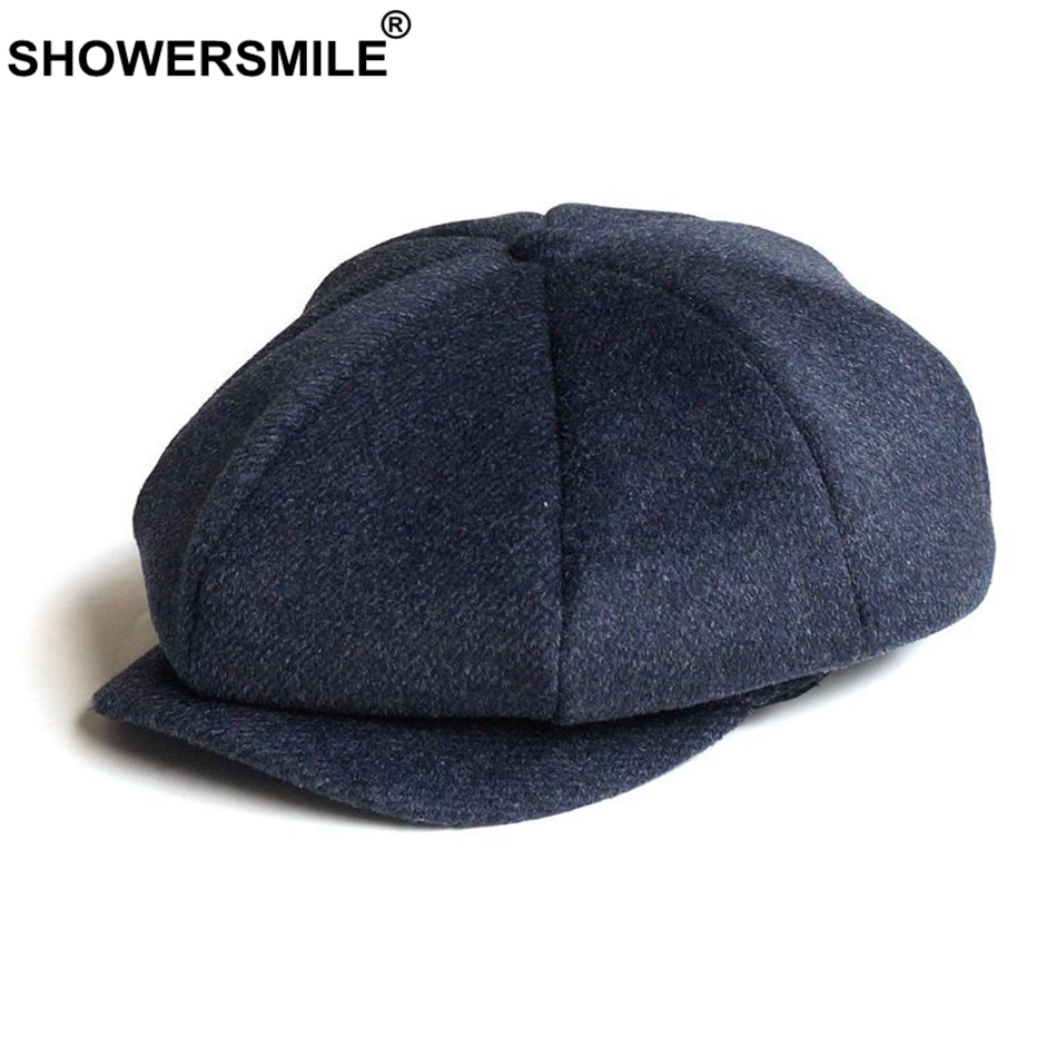 SHOWERSMILE Men Newsboy Caps Woolen Herringbone Flat Caps Coffee Retro Eight Piece Cap Male Vintage Autumn Winter Octagonal Hats