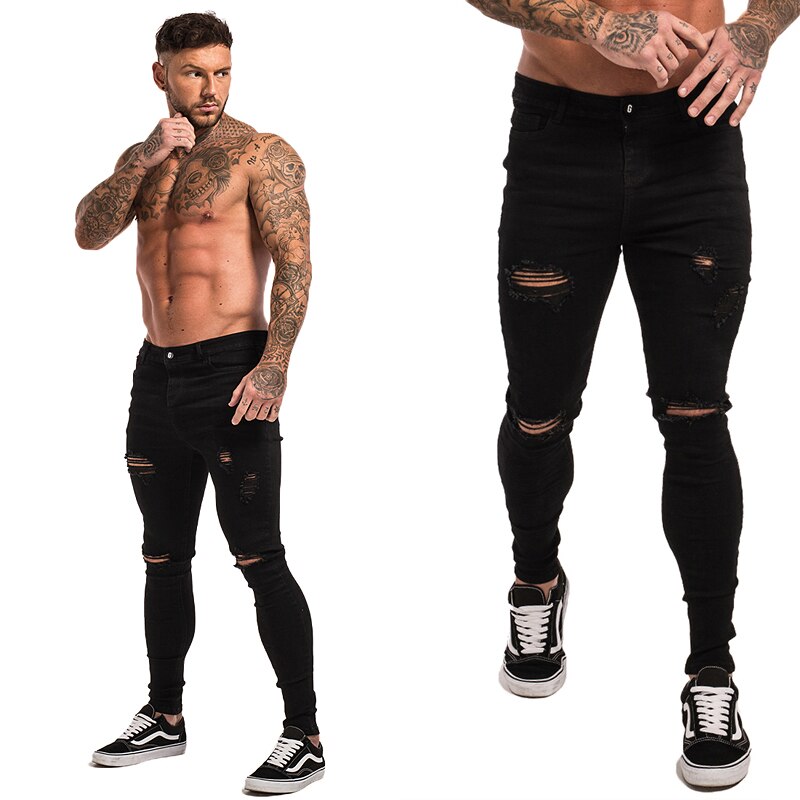 GINGTTO Jeans Men Elastic Waist Skinny Jeans Men Stretch Ripped Pants Streetwear Mens Denim Jeans Blue