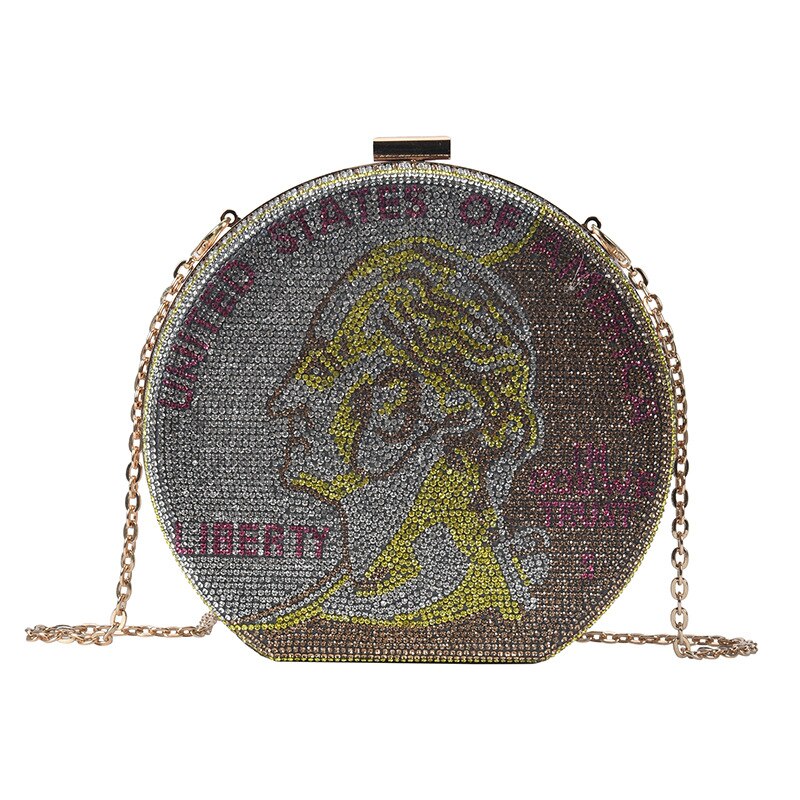 Borsa da sera da dollaro di moda pochette con strass a forma di moneta borsa da sera a spalla singola borsa da sera borsa rotonda: 5