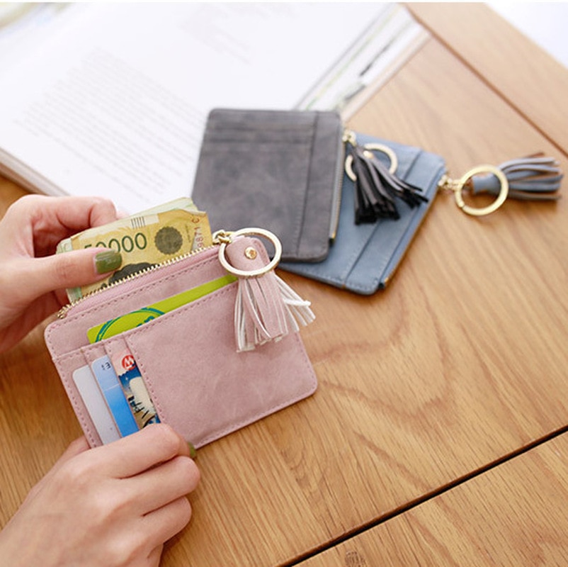 Matt Leather Mini Tassel Women Card Holder Cute Credit ID Card Holders Zipper Wallet Case Change Coin Purse Keychain Nubuck