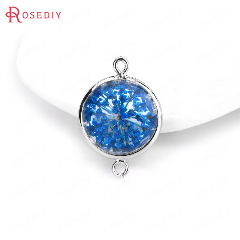 (C828)6 pieces 14x20mm 24K Gold Color Brass and Glass 2 Holes + Dried Flower Round Connect Charms Pendants Diy Jewelry Findings