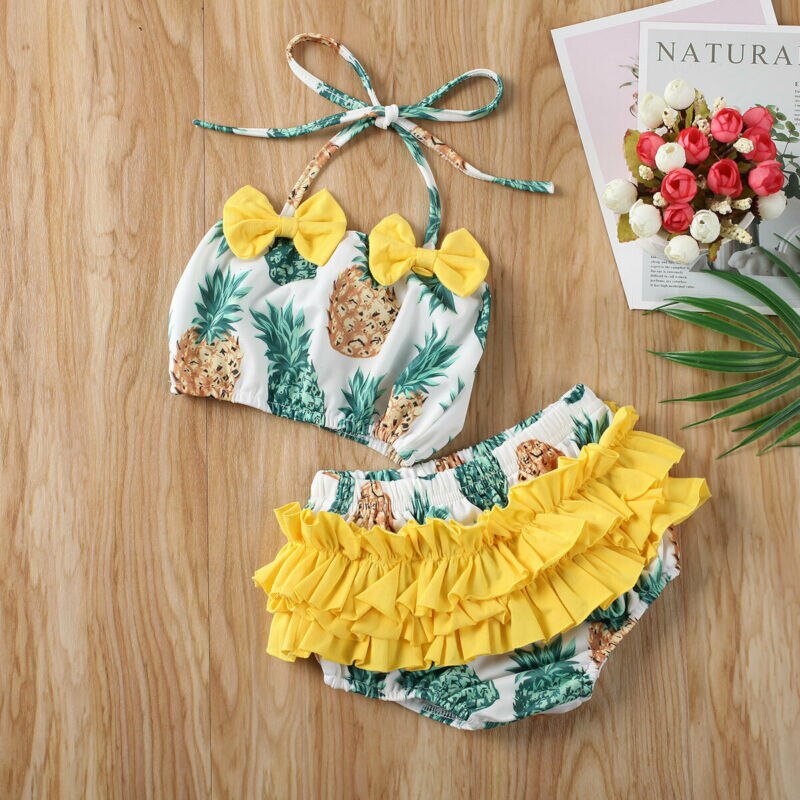 Conjunto de Bikini con estampado de piña para niñas, traje de baño de dos Uds