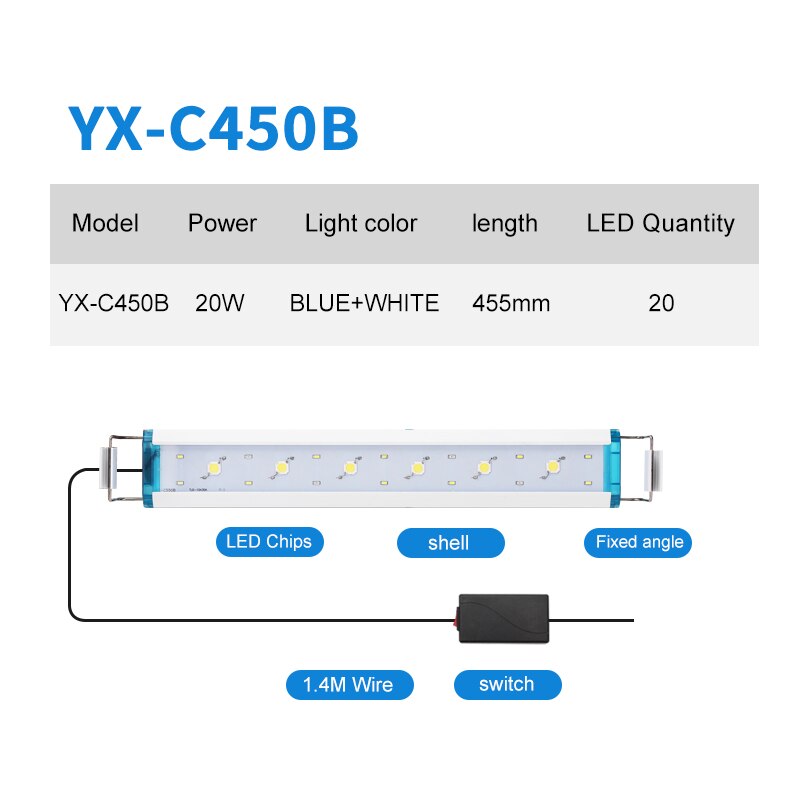 Super Bright Aquarium Light Fish Tank Plant Grow Lighting Aquarium Led Lighting 21-70CM Extensible Clip on Lamp For Fish Tank: YX-C450B