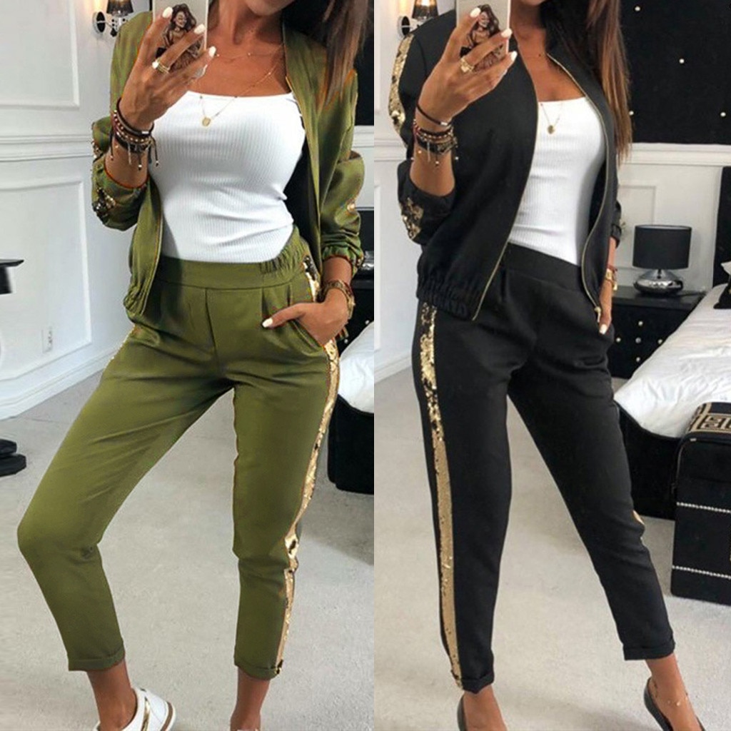 Sequins Suit Female Casual Loose Sweater Trousers Casual Ladies Sports Suit Sports Trouser 2 pieces Set Women#g4
