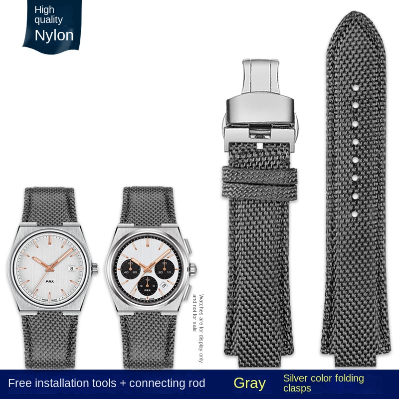 Para reloj de hombre Tissot 1853 Super Player PRX Series T137.410 correa de reloj de cuero de nailon modificado 26-12mm correa de reloj de boca convexa: BLACK WHITE