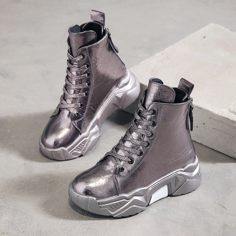 Height Increasing Sneakers Platform Shoes Woman Casual Shoes Thick Sole Waterproof Back Zipper Lace-up Bling Women Shoes I035