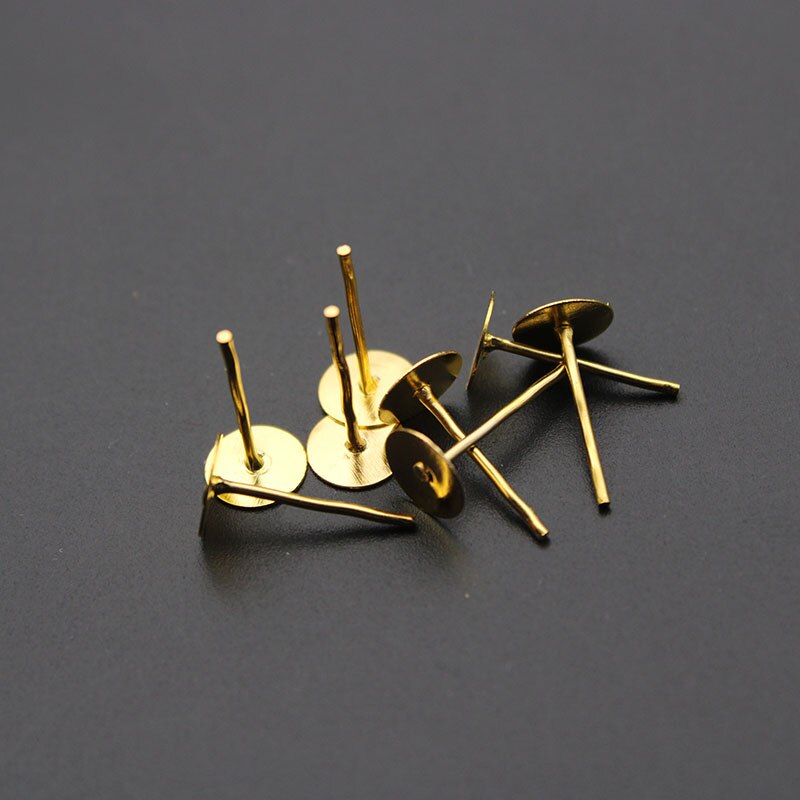 Lot de broches de boucle d'oreille vide, plaqué or argent, 4, 6, 8, 10mm, plateau rond plat, pour étude de bijoux à faire soi-même, 200 pièces/lot