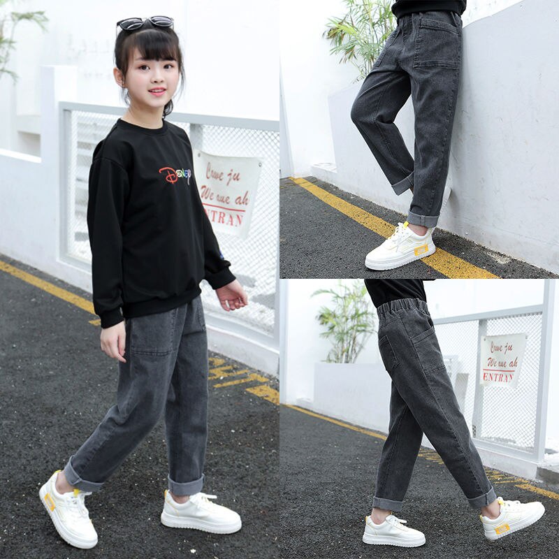printemps automne bébé filles solide Jeans décontractés enfants à la pantalon ample taille élastique poches Patchwork pantalon Z30