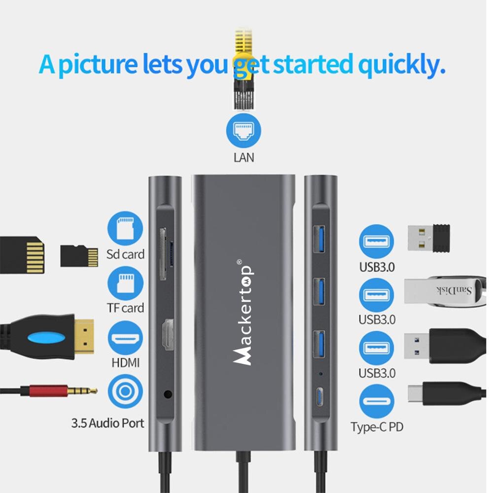 Type USB-C Hub Adapter Compatibel Voor Alle Computers, power 9-In-1 Usb C Hub Dongle Met 4K Hdmi, micro Sd En Sd-kaart Slots