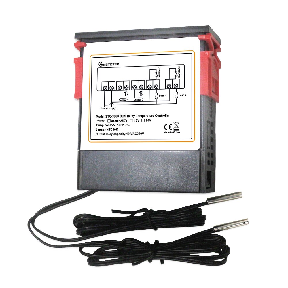 Dual Digital Temperature Controller Incubator Thermostat Two Relay Output Thermoregulator Heater Cooler Control Switch STC-3008
