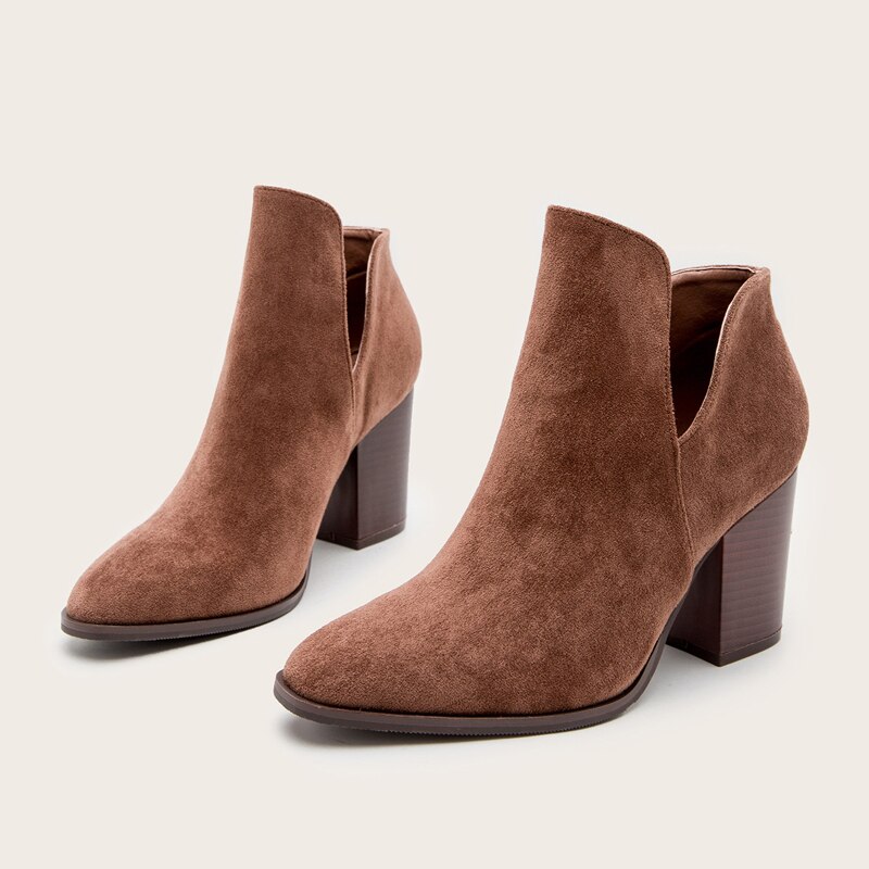 Botines de gamuza sintética para mujer, Botines de tacón alto con cremallera lateral, tacón de bloque alto apilado, sin cordones, estilo vaquero occidental,