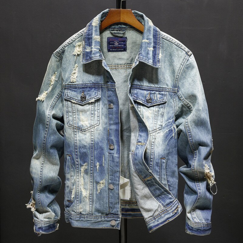 Men's Ripped Jean Jacket Hip Hop Streetwear Coats Chaqueta Hombre 3XL Denim Jackets Men Cowboy Slim Fit Bomber Jacket