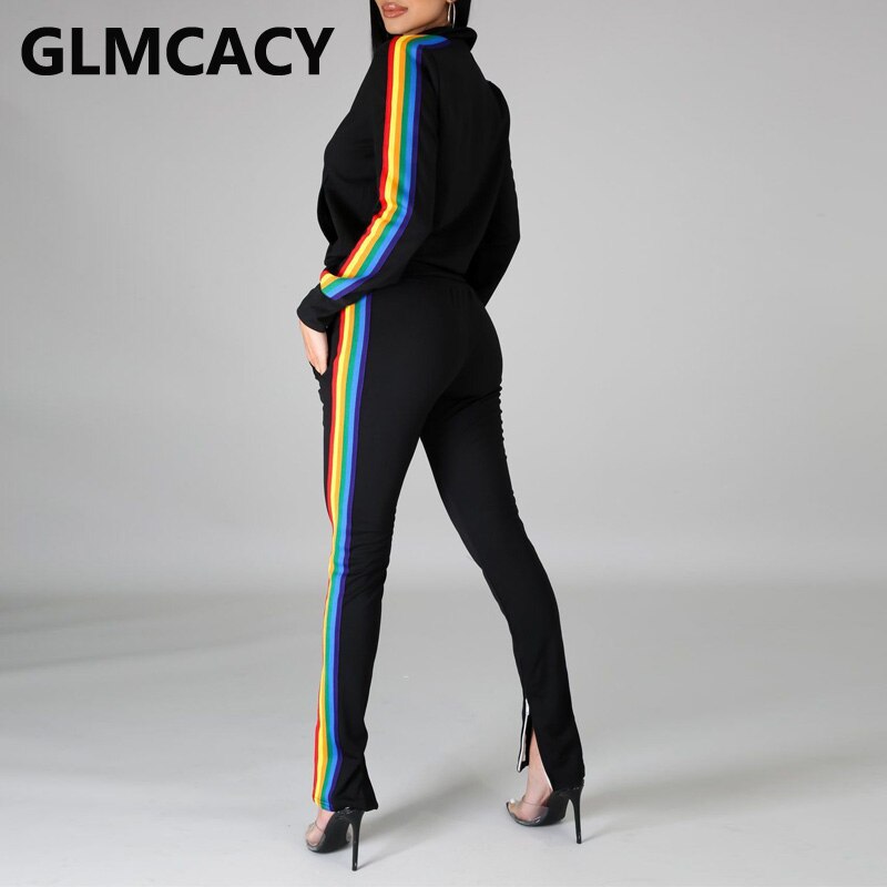 Vrouwen Side Regenboog Gestreepte Twee Stuk Past Regualr Rits Jas & Slit Broek Set
