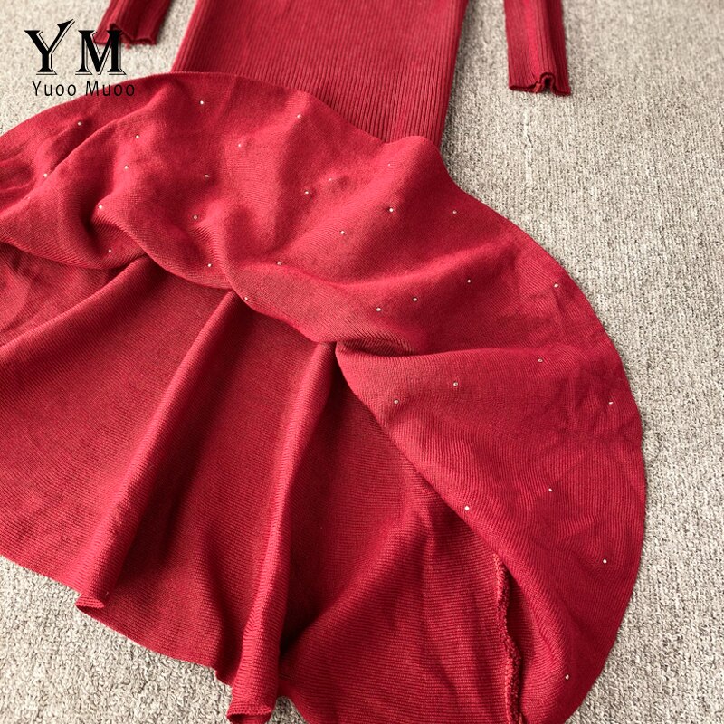 YuooMuoo nieregularne frezowanie wzburzyć syrenka midi sukienka kobiety elegancka sukienka z długimi rękawami jesień dzianiny sukienki damskie tunika