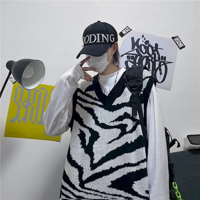 Streetwear punk kamizelka kobiety mężczyźni topsTrend ins biodro-chmiel ulica czarno-biały wzór zebry bez rękawów kamizelka z dzianiny sweter kamizelka