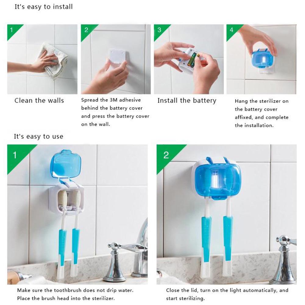 Household UV Light Toothbrush Sterilizer Bathroom Wall Mount Disinfection Box Holder for Toothbrushes 2 Slots Tooth Brush Holder