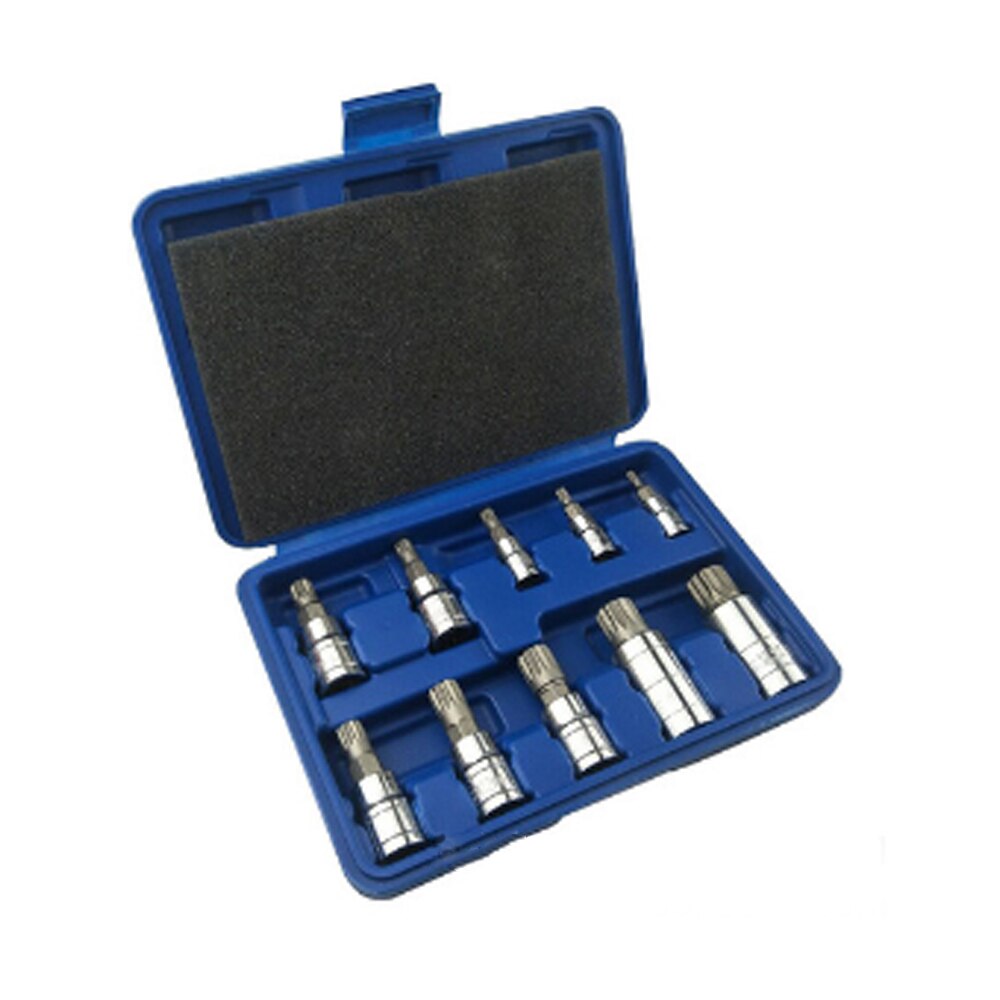 10-Pieces Torx Bit Sockets and E-Torx Star Socket Set with Plastic Case Cr-V Steel, 1/4”, 3/8” and 1/2-Inch Drive for car repair