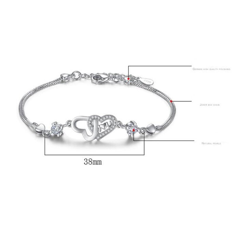 Anenjery Zilver Kleur Eeuwige Liefde Hart Zirkoon Double Layer Ketting Armband Voor Vrouwen Pulseira Feminina S-B47
