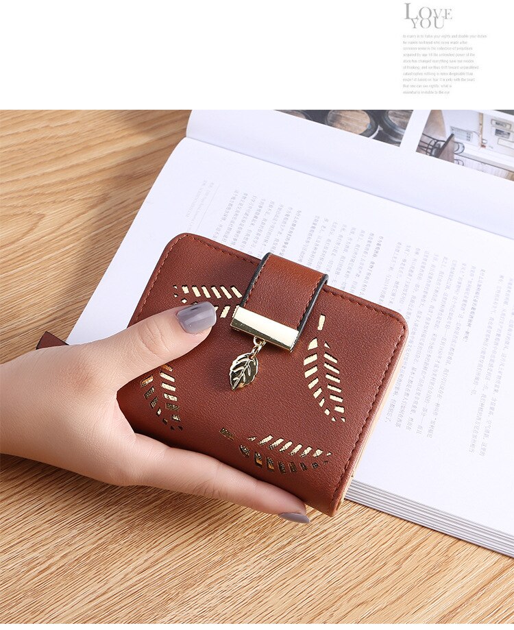 monedero de mujer, cartera corta con cremallera y hojas huecas para mujer, cartera pequeña de lujo de para mujer, bolso de mano: Brown