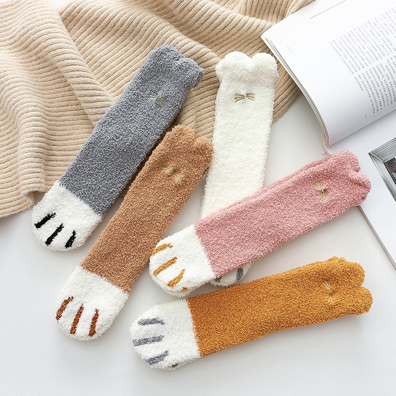 1 Paar Winter Koraal Fluwelen Dikke Vrouwen Sokken Japanse Kat Poot Patroon Borduurwerk Dier Sokken Leuke Warme Fluwelen Katoen sokken