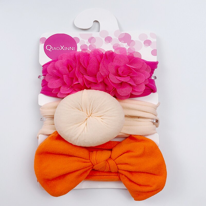 Ensemble de 3 bandeaux élastiques en mousseline de soie et nylon pour bébé,accessoires pour cheveux style turban avec nœud et fleur, couleur unie, pour fille, 3 pièces,