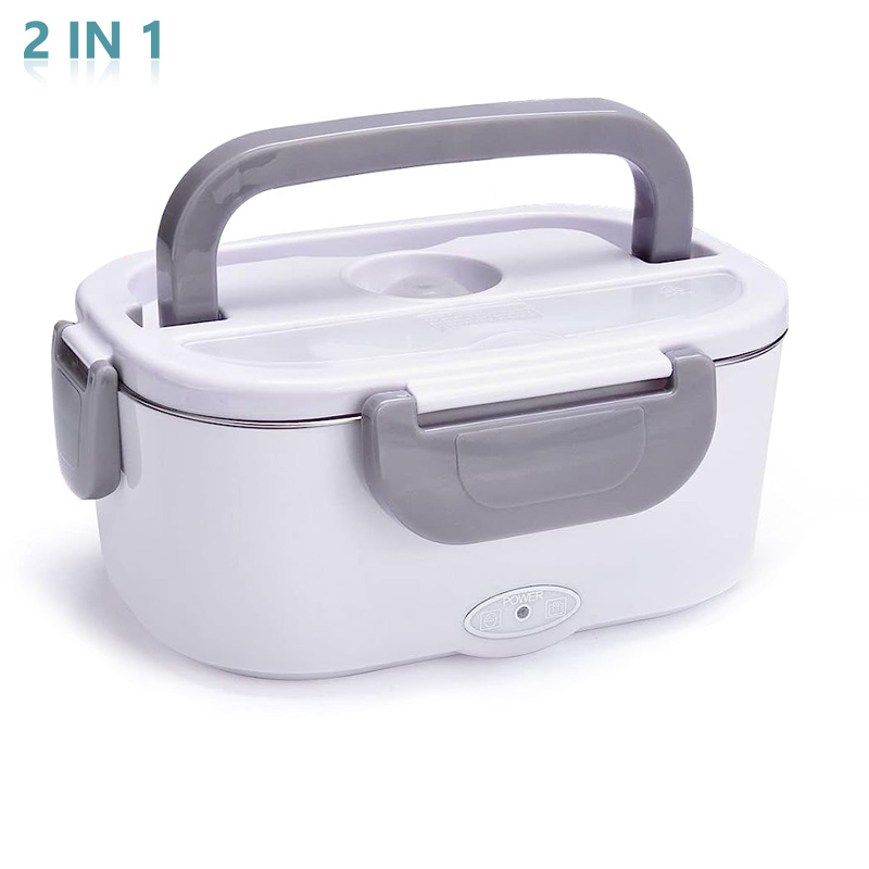 220V 110V 12V 24V Dual Use Home Car Electric Heating Lunch Box Leakproof Portable Food Warmer Heated Container Stainless Steel: WHITE / 2