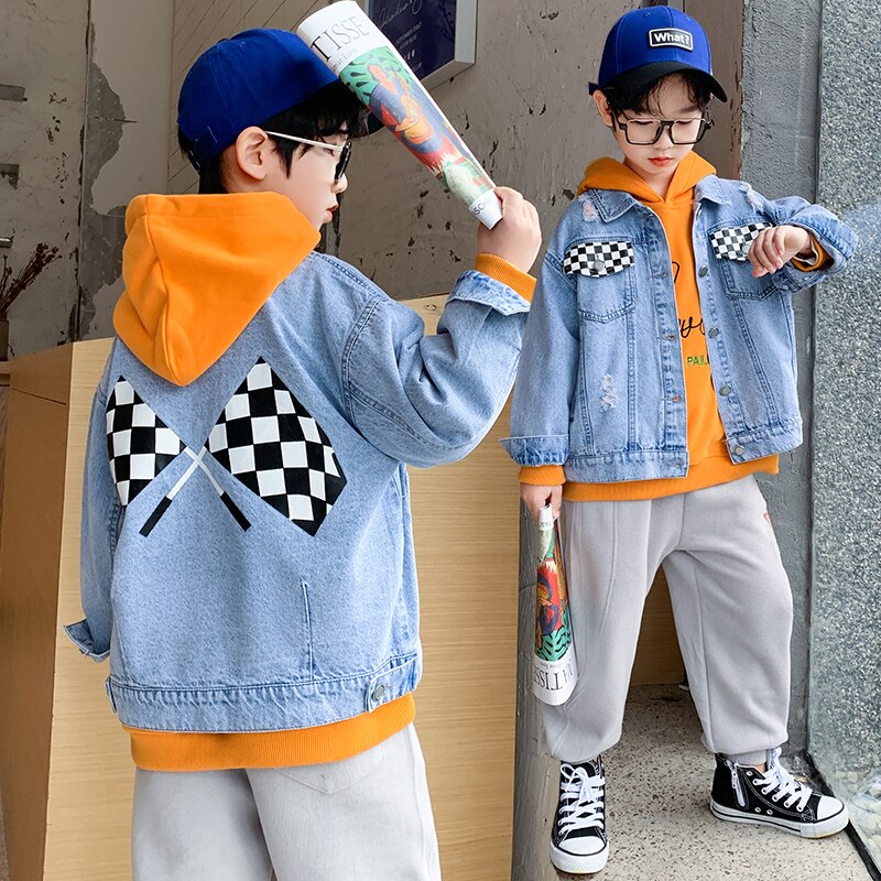 4-14 jahre Teenager freundlicher Jungen Jeans Mantel gerissen See Patchwork Denim Jacken Jungen Alle-spiel lässig Spitzen Frühling Herbst Kleidung