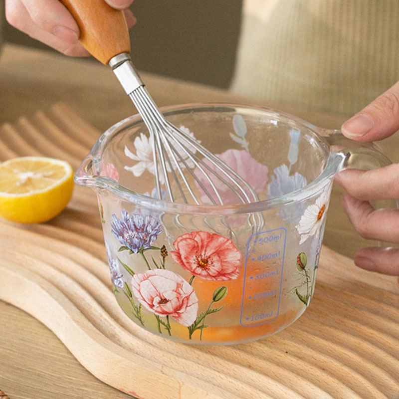 Taza medidora de vidrio con tapa, taza de jugo de leche de 500ml con tarros medidores de escala, utensilios de cocina para el hogar, herramienta de cocina para hornear Floral