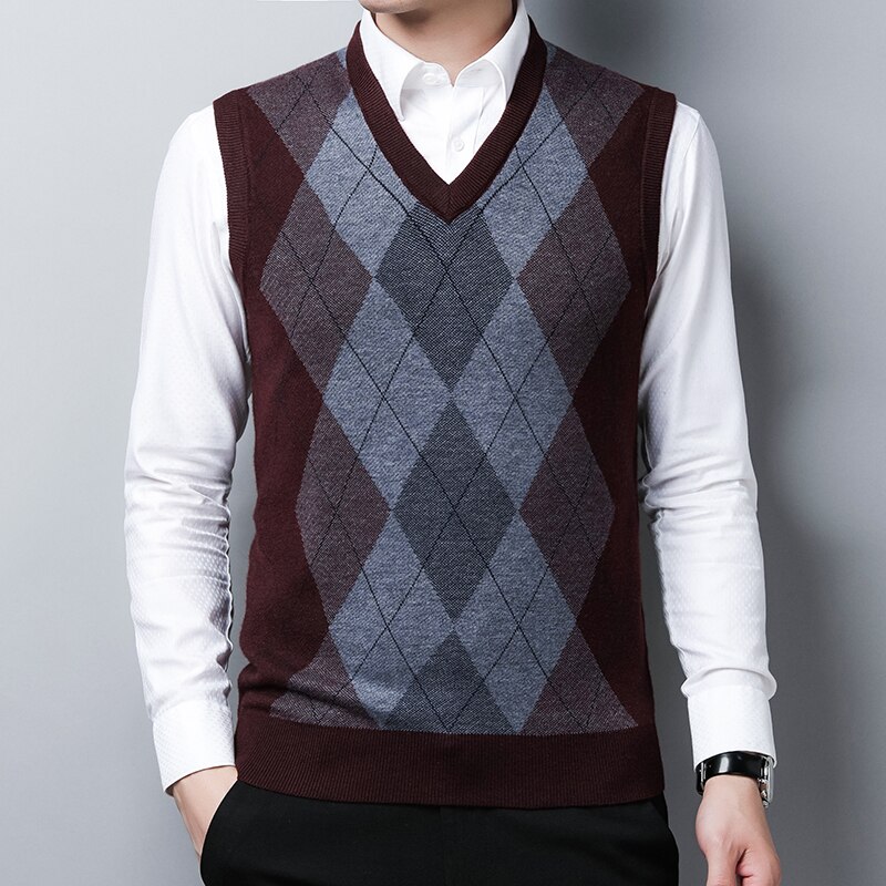 Manlig tjock tröja väst höst argyle mönster ärmlös tröja tröja casual man ull tröja väst: Vinröd / L