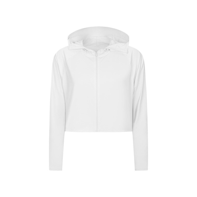 Svokor damen kapuzen-yogashirt mit reißverschluss, langärmliges fitnesstop mit uv-schutz, langärmliges sonnenschutz-laufshirt, gymnastik-t-shirt: Weiß