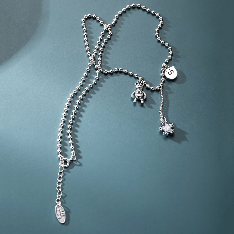 ANENJERY Retro Cute Bear Star Pendant Thai Silver Color Necklace With Long Chain Tassel Zircon Necklace for Women S-N648