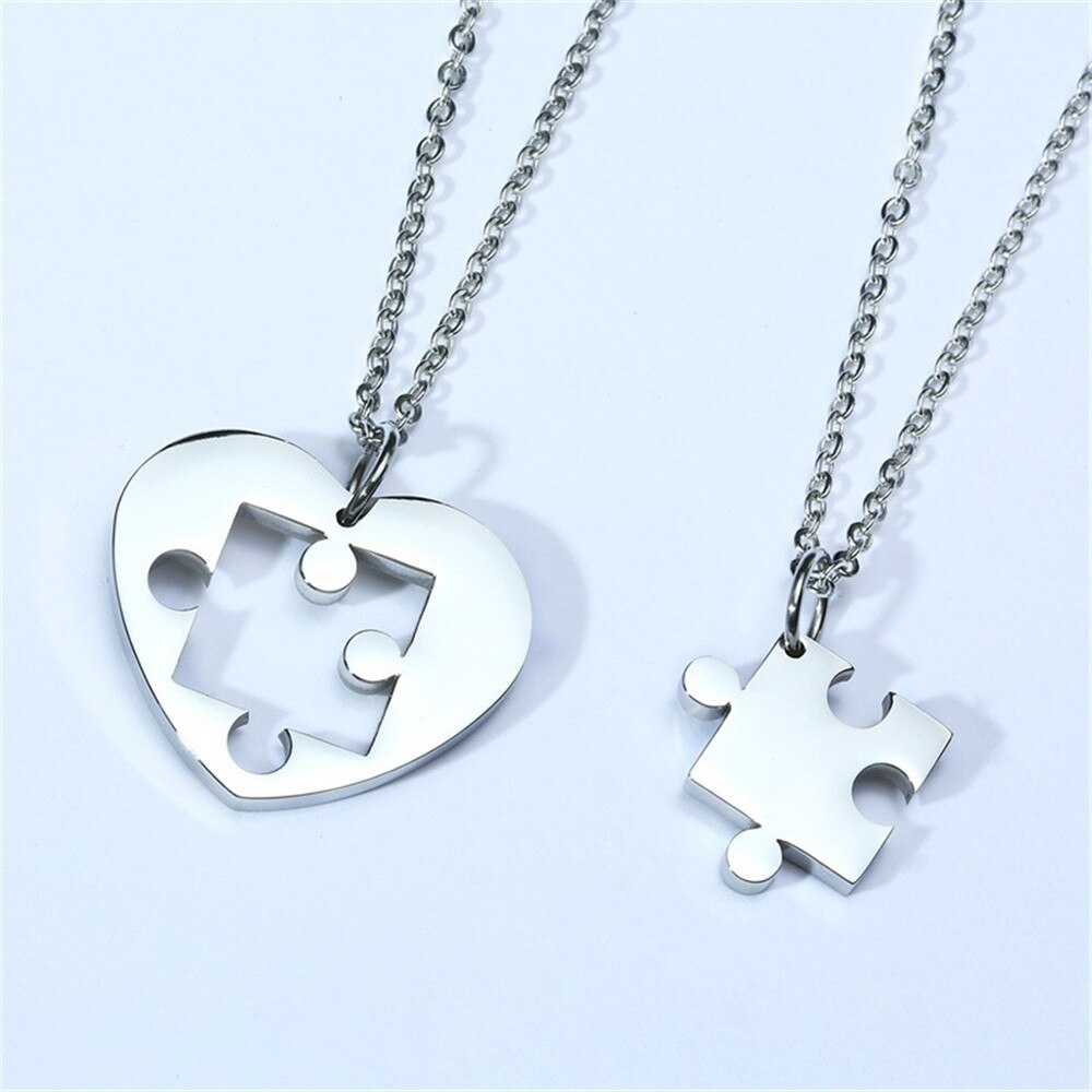 2Pcs Jewelry Stainless Steel Love Heart-Shaped Puzzle Couple Pendant Unisex Valentines Day Women Men Boy Friend